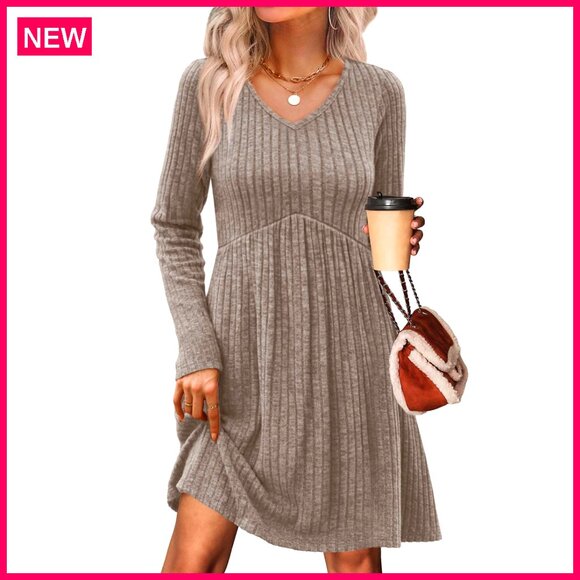 Dresses & Skirts - Long Sleeve V Neck Sweater Dress Empire Waist Babydoll with Pockets